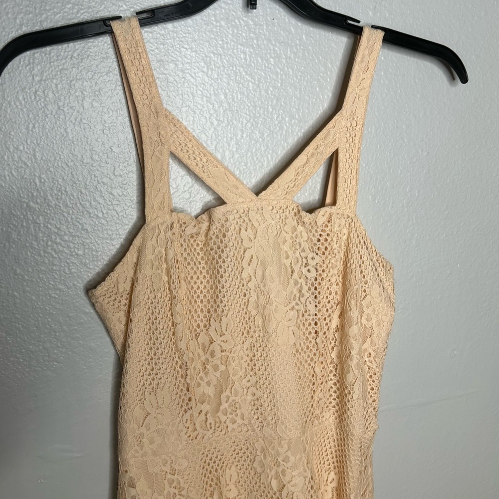 Peach Bellini Asymmetrical Lace Crochet Party Dress - Picture 3 of 8
